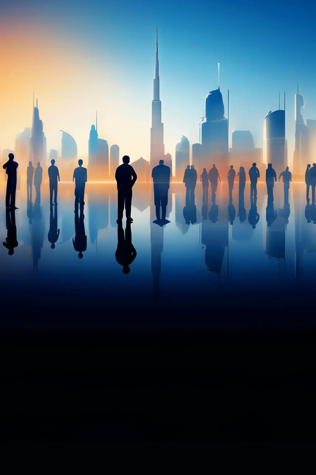 People networking and the skyline of Dubai.